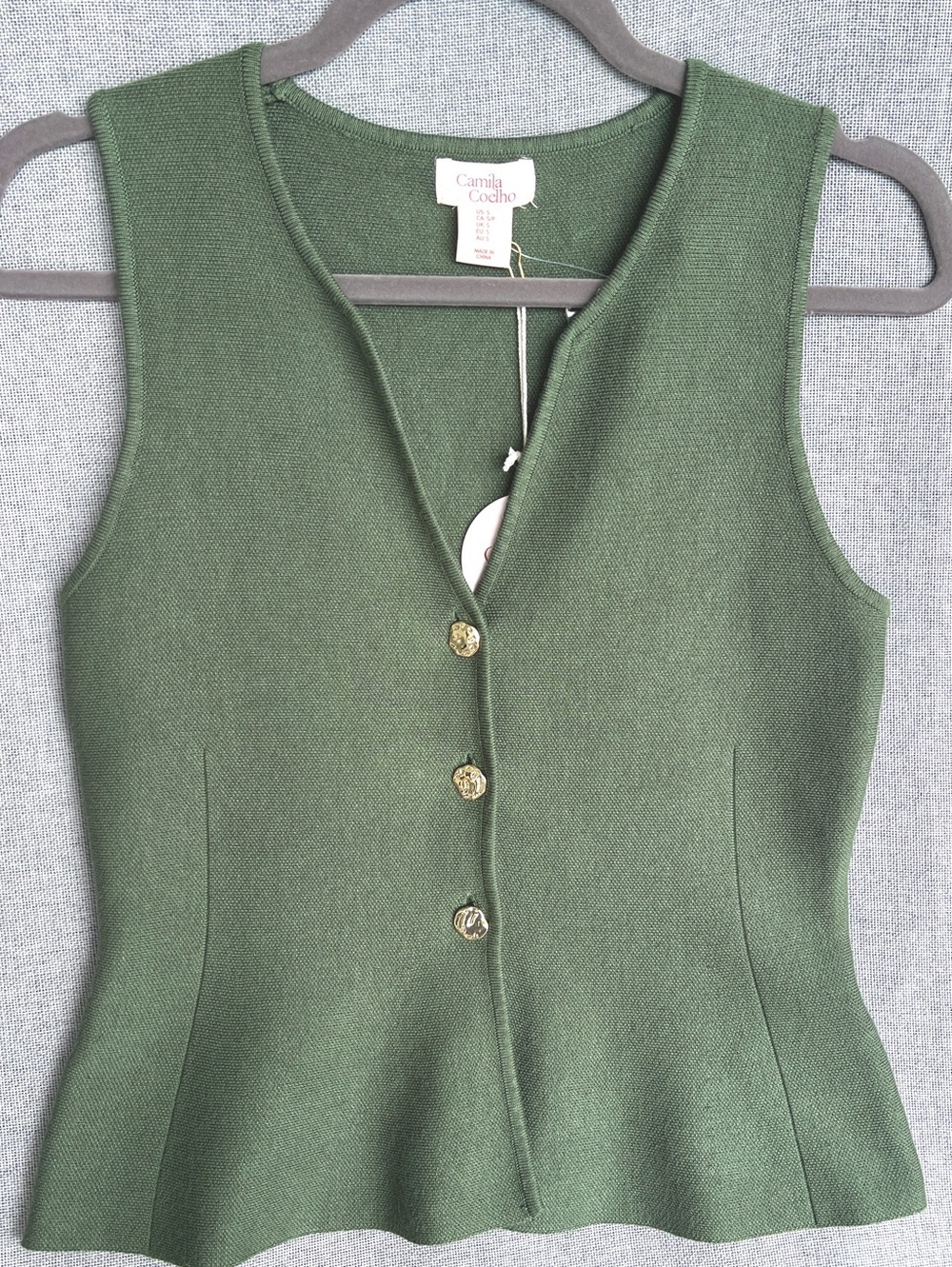 Camila Coelho Knit Viscose button down FITTED vest green gold buttons size S